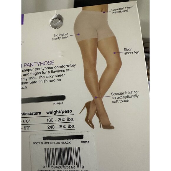 2,Hanes Style Essentials Body Shaper Pantyhose 3X/4X Black Silky Sheer Leg Plus - Picture 7 of 9
